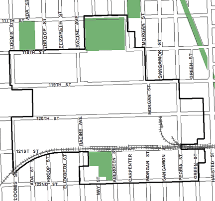 West Pullman Industrial Park TIF district, roughly bounded on the north by 117th Street, 122nd Street on the south, Halsted Street on the east, and Loomis Street on the west.